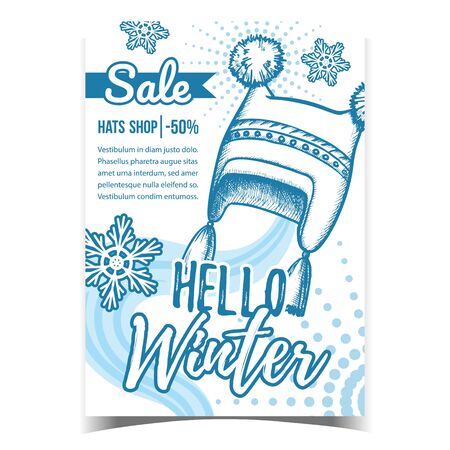 Hello Winter Hats Shop Sale Promo Banner Vector. Hats Seasonal Warmer Wear And Snow Flakes. Knit Cap Accessory For Safe Health. Concept Template Hand Drawn In Vintage Style Monochrome Illustrationのイラスト素材