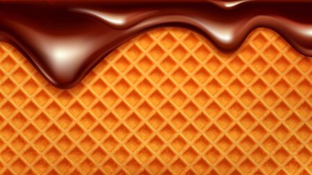Wafer Cake With Flowing Down Chocolate Vector. Wafer Biscuit For Ice Cream Or Cracker. Crispy Baked Delicious Dessert With Syrup. Confectionery Waffle Texture Concept Layout Realistic 3d Illustrationのイラスト素材