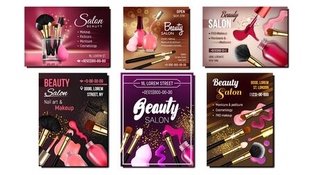Beauty Salon Creative Advertise Banner Set Vector. Collection Of Different Design Poster With Glassy Vial, Nailbrushes, Color Lacquer For Nail Care And Makeup Brushes. Accessory 3d Illustration