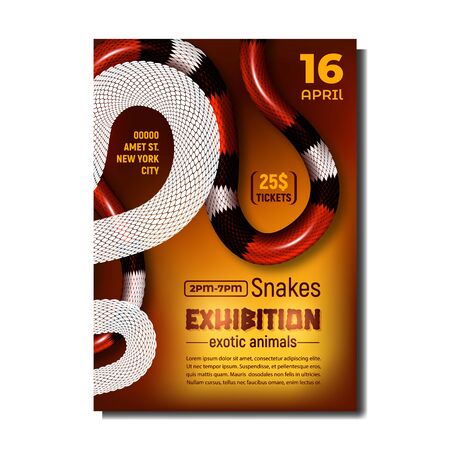 Snakes Exhibition Exotic Animals Poster Vector. Coral Snake, Poisonous And Danger Mammal Snakes. Coiled Wild Black, White And Red Skin Viper. Crawling Dangerous Reptile. Realistic 3d Illustrationのイラスト素材