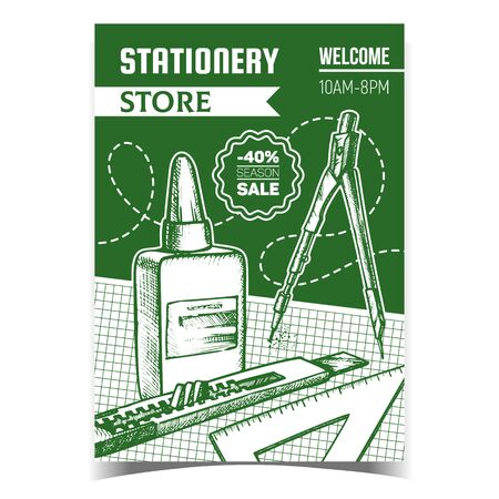 Stationery Store Sale Advertising Banner Vector. Blank Glue Bottle, Triangular Ruler, Dividers And Stationery Knife School Equipment. Monochrome Illustrationのイラスト素材
