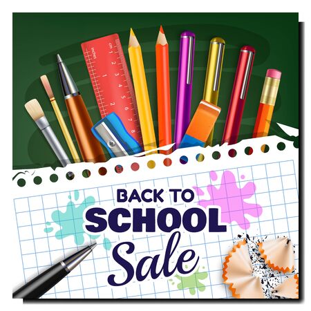 Back To School Advertise Bright Poster Vector. Notebook List With Paints Blots And Pencil Shavings, Pens And Sharpener, Paint Brushes And Eraser Pupil School Tools. Layout Realistic 3d Illustrationのイラスト素材