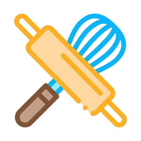 Rolling Pin And Manual Mixer Icon Thin Line Vector. Wooden Rolling Pin Kitchen Utensil Color Symbol Illustrationのイラスト素材