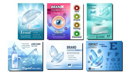 Contact Lenses Advertising Banners Set Vector. Collection Creative Advertise Posters With Lenses Medical Device For Correct Vision, Boxes And Bottles. Concept Template Realistic 3d Illustrationsのイラスト素材