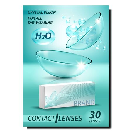 Contact Lenses Creative Advertising Poster Vector. Medical Optical Glass Lenses For Correct Vision, Blank Package And H2o Bubbles. Eyesight Correction Tool Concept Layout Realistic 3d Illustrationのイラスト素材