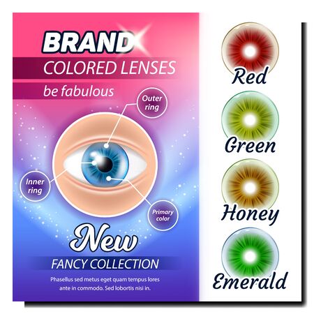 Colored Contact Lenses Advertising Poster Vector. Red And Green, Honey And Emerald Multicolor Lenses. Optical Device For Correct Vision. Cosmetic Tool Template Realistic 3d Illustrationのイラスト素材