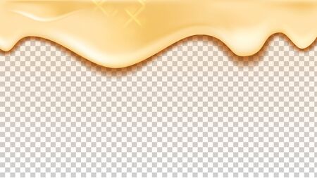 Flowing Down Vanilla Or Caramel Taste Cream Vector. Delicious Milk Cream Drip Ingredient For Wafer Biscuit Or Cookie Dessert. Confectionery Glaze Concept Template Realistic 3d Illustrationのイラスト素材