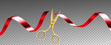 Scissors Cutting Ribbon Shop Grand Opening Vector. Ceremonial Metal Golden Scissors Cut Red Silk Tape Decoration. Festive Ceremony Equipment Concept Template Realistic 3d Illustrationのイラスト素材