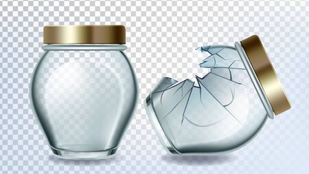 Jar Glass And Broken Bottle With Golden Cap Vector. Empty Glass Bottle For Storaging Plum, Apricot, Cherry Or Strawberry. Glassware For Pickled Fruit Template Realistic 3d Illustrationのイラスト素材