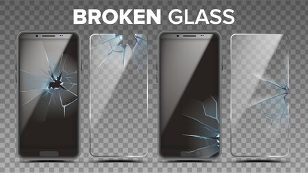 Broken Glass Phone Screen Protector Set Vector. Damaged Smartphone Protection Glass And Touchscreen. Transparent Tempered Modern Cellphone Display Cover Accessory Realistic 3d Illustrationのイラスト素材