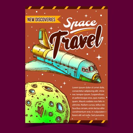 Space Travel Discoveries Advertising Banner Vector. Astronautic Aeroballistic Transport Space Shuttle For Explore Cosmos And Moon. Rocket Spaceship Hand Drawn In Vintage Style Color Illustrationのイラスト素材