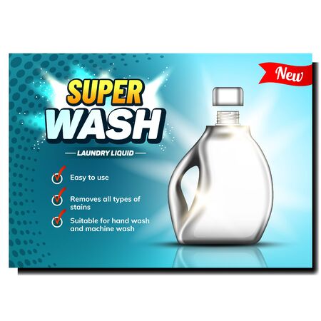 Super Wash Laundry Liquid Advertise Banner Vector. Blank Bleach Plastic Bottle With Cap For Washing Liquid. Container For Bleaching Fluid. Concept Template Realistic 3d Illustrationのイラスト素材