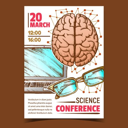 Medicine Science Conference Promo Poster Vector. Human Head Organ Brain Top View, Glasses Spectacles And Laptop Doctor Speaker Anatomy Lessons Tools. Designed In Retro Style Color Illustrationのイラスト素材