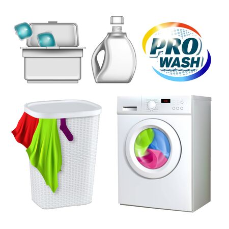 Wash Laundry Washing Equipment Set Vector. Electronic Washing Machine And Wicker Plastic Basket Filled Clothes, Blank Bottle And Container With Cleaner Template Realistic 3d Illustrationsのイラスト素材
