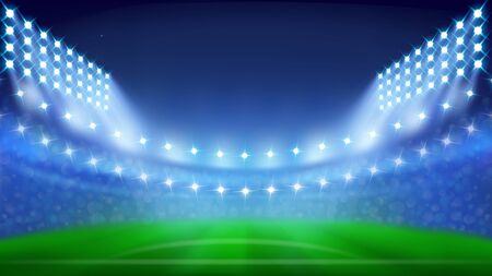 Soccer Stadium With Glowing Lamps In Night Vector. Blurred Stadium With Green Grass, Sitting Places And Illuminate Lights. Sportive Field For Playing Game Layout Realistic 3d Illustrationのイラスト素材