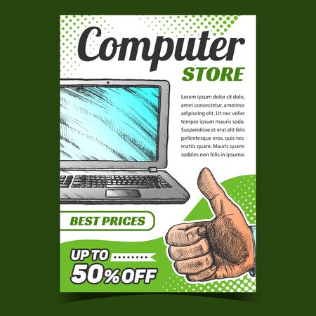 Computer Store Creative Advertising Banner Vector. Laptop Computer Digital Gadget And Man Hand Gesture Showing Good. Technological Device Concept Template Designed In Vintage Style Illustrationのイラスト素材