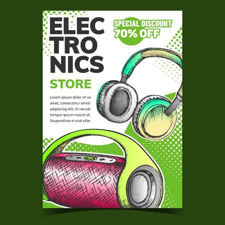 Electronics Store Discount Advertise Banner Vector. Wireless Speaker And Earphones Digital Gadget Electronics. Portable Audio Dynamic Concept Mockup Designed In Vintage Style Illustrationのイラスト素材