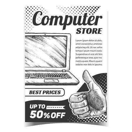 Computer Store Creative Advertising Banner Vector. Laptop Computer Digital Gadget And Man Hand Gesture Showing Good. Technological Device Concept Template Designed In Vintage Style Illustrationのイラスト素材