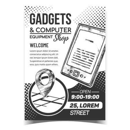 Gadgets And Computer Shop Advertise Poster Vector. Electronic Book Digital Device And Shop Gps Map Location. Equipment For Reading Literature. Concept Template Hand Drawn In Vintage Style Illustrationのイラスト素材