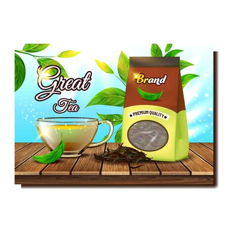 Great Tea Creative Promo Advertising Poster Vector. Premium Quality Tea Bag, Granules Heap, Hot Drink Glass Cup And Plant Green Leaf On Wooden Table. Concept Template Realistic 3d Illustrationのイラスト素材