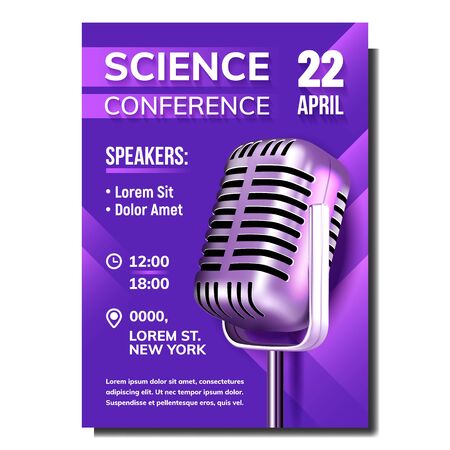 Science Conference Creative Promo Banner Vector. Vintage Metallic Microphone With Conference Date, Time, Place And Speakers Information On Creative Advertising Poster. Realistic 3d Illustrationのイラスト素材