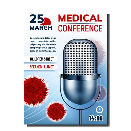 Medical Conference Bright Advertise Poster Vector. Metal Radio Microphone And Virus Bacteria, Address And Speaker Name, Conference Date And Time. Concept Template Realistic 3d Illustrationのイラスト素材