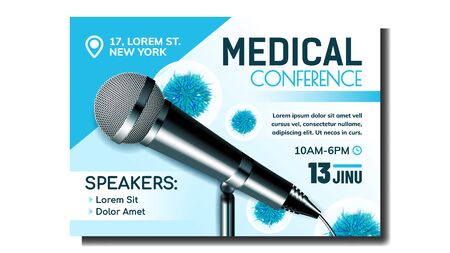 Medical Conference Creative Promo Banner Vector. Modern Microphone And Unhealthy Virus Microbe, Speakers Names And Address, Conference Date And Time. Concept Layout Realistic 3d Illustrationのイラスト素材