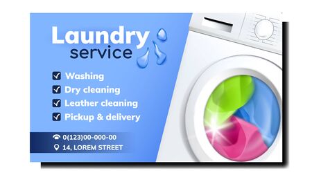 Laundry Service Advertise Promo Banner Vector. Laundry Electronic Automatical Washing Device Filled Color Clothes. Dry And Leather Cleaning, Pickup And Delivery Mockup Illustrationのイラスト素材
