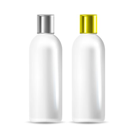 Shampoo Or Body Conditioner Bottle Set Vector. Collection Of Blank Tuba For Medical Skincare And Cosmetic Lotion Bottle Cream With Silver And Golden Cap. Package Mockup Realistic 3d Illustrationsのイラスト素材