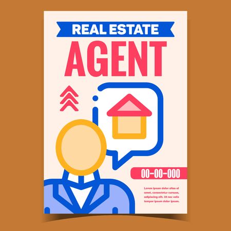 Real Estate Agent Creative Promo Poster Vector. Human Professional Agent Businessman Talking About House, Building Sale Advertising Banner. Concept Template Stylish Colorful Illustrationのイラスト素材
