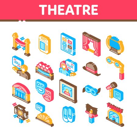 Theatre Equipment Collection Icons Set Vector. Theatre Ticket And Binoculars, Mask And Microphone, Curtain And Seats, Building And Hat Isometric Illustrationsのイラスト素材