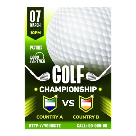 Golf Country Club Leisure Sport Banner Vector. Gaming White Ball And Golf Stick Tool For Play Game On Grass Field. Participant Active Recreational Sportive Game. Concept Template Illustrationのイラスト素材