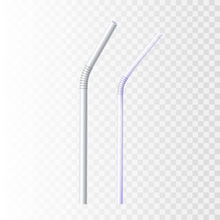 Straw Accessory For Drink Beverage Set Vector. Disposable Drinking Plastic Straw Cafe Equipment For Milk Cocktail Or Juice. Flexible Small Pipe Tube Template Realistic 3d Illustrationsのイラスト素材
