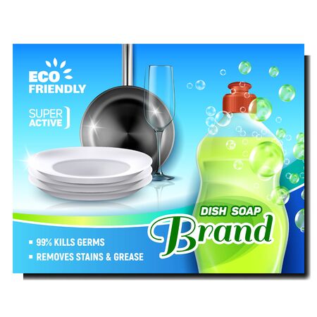 Dish Soap Liquid Creative Advertise Banner Vector. Bubbles Dish Soap Blank Bottle And Plates, Glass Cup And Pan Kitchen Ware Utensil Bright Promotional Poster. Colored Concept Template Illustrationのイラスト素材