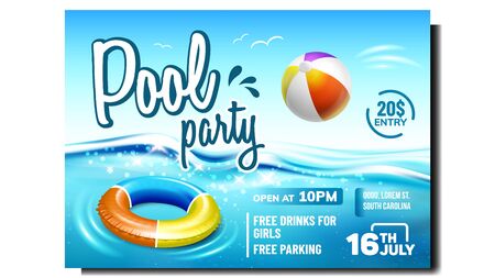 Pool Party Creative Promo Brochure Banner Vector. Wavy Water Swimming Pool, Inflatable Donut And Playing Ball For Funny Leisure Time Promotional Poster. Colorful Concept Layout Illustrationのイラスト素材