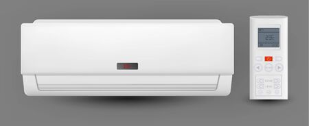 Air Conditioner System With Remote Control Vector. Cooling And Heating Block Of Conditioner For House Or Office. Climate Electronic Technology Equipment Template Realistic 3d Illustrationのイラスト素材