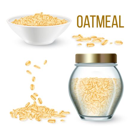 Oatmeal Vegetarian Cereal Porridge Set Vector. Oatmeal In Dish And Glass Bottle. Natural Organic Falling Flakes And Heap Ingredient For Cooking Baked Food Template Realistic 3d Illustrationsのイラスト素材