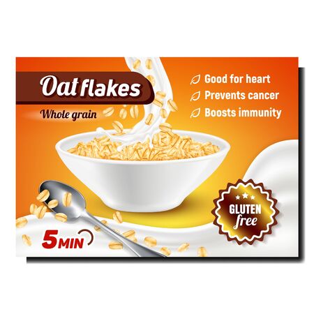 Oat Flakes Creative Promotional Banner Vector. Whole Grain Oat Flakes In Bowl, Milk Splash And Spoon Kitchen Ware On Advertising Marketing Poster. Colored Concept Layout Illustrationのイラスト素材