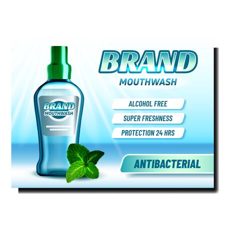 Mouthwash With Mint Advertising Poster Vector. Mouthwash Blank Bottle And Herbal Green Leaves On Bright Advertise Marketing Banner. Teeth Protection Color Concept Template Illustrationのイラスト素材