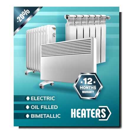 Heaters Domestic Equipment Promo Poster Vector. Electric, Oil Filled And Bimetallic Radiator Heaters Appliance On Creative Marketing Flyer Banner. Colorful Concept Template Illustrationのイラスト素材