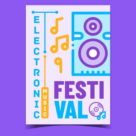 Electronic Music Festival Promo Poster Vector. Audio Dynamic Device And Music Notes, Electro Concert Entertainment Creative Advertising Banner. Concept Layout Stylish Color Illustrationのイラスト素材