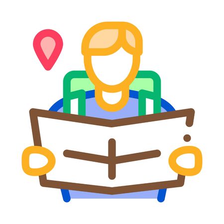tourist reading map icon vector. tourist reading map sign. color symbol illustrationのイラスト素材