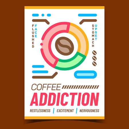 Coffee Addiction Creative Advertise Banner Vector. Face Flushed, Upset Stomach And Restlessness, Excitement And Nervousness Addiction Symptoms Promo Poster. Concept Layout Style Color Illustrationのイラスト素材