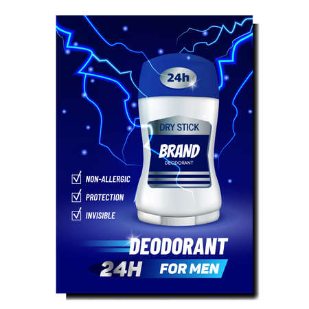 Dry Stick Deodorant For Men Promo Poster Vector. Deodorant Blank Container With Lightning On Advertising Marketing Banner. Aromatic Cosmetics For Armpit Style Color Concept Template Illustrationのイラスト素材