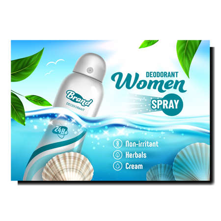 Deodorant Spray For Woman Promo Banner Vector. Ocean Sea Aroma Deodorant Blank Metallic Bottle, Water Wave And Shell On Advertising Marketing Poster. Style Color Concept Template Illustrationのイラスト素材