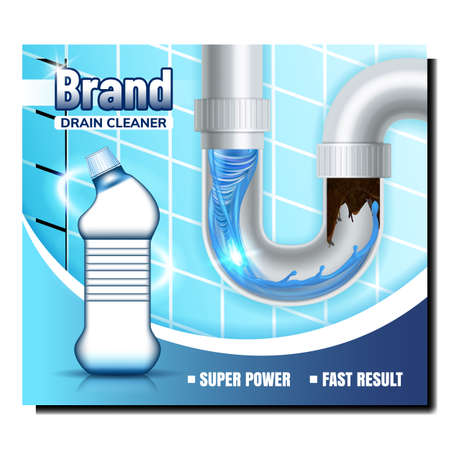 Drain Cleaner Blank Bottle Promo Banner Vector. Drain Clean Detergent Liquid Container, Bathroom Tile Wall And Pipe With Water On Advertising Marketing Poster. Style Color Concept Layout Illustrationのイラスト素材