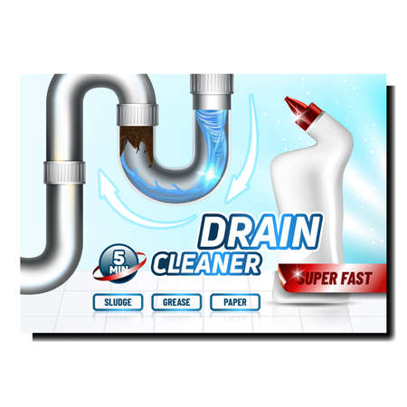 Drain Cleaner Creative Promotional Poster Vector. Clogged Pipe Washing Cleaner Detergent Blank Bottle Advertising Marketing Banner. Cleaning Effect Style Color Concept Template Illustrationのイラスト素材