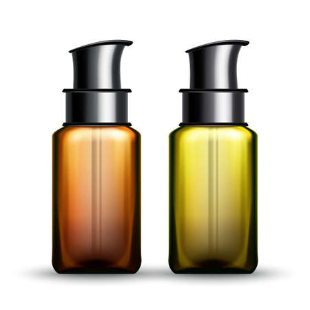 Sunscreen Lotion Package With Pump Set Vector. Sunscreen Blank Transparency Bottles For Tanning Sunburn Cream. Summer Day Beach Relaxation Skincare Protector Template Realistic 3d Illustrationsのイラスト素材