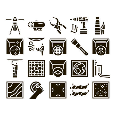 Stretch Ceiling Tile Glyph Set Vector. Ceiling Material And Photo Layer, Laser And Heating Equipment, Screwdriver And Ladder Glyph Pictograms Black Illustrationsのイラスト素材