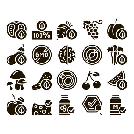 Organic Eco Foods Glyph Set Vector Thin Line. Organic Tomato And Mushrooms, Peach And Grape, Apple And Cherry Glyph Pictograms Black Illustrationsのイラスト素材